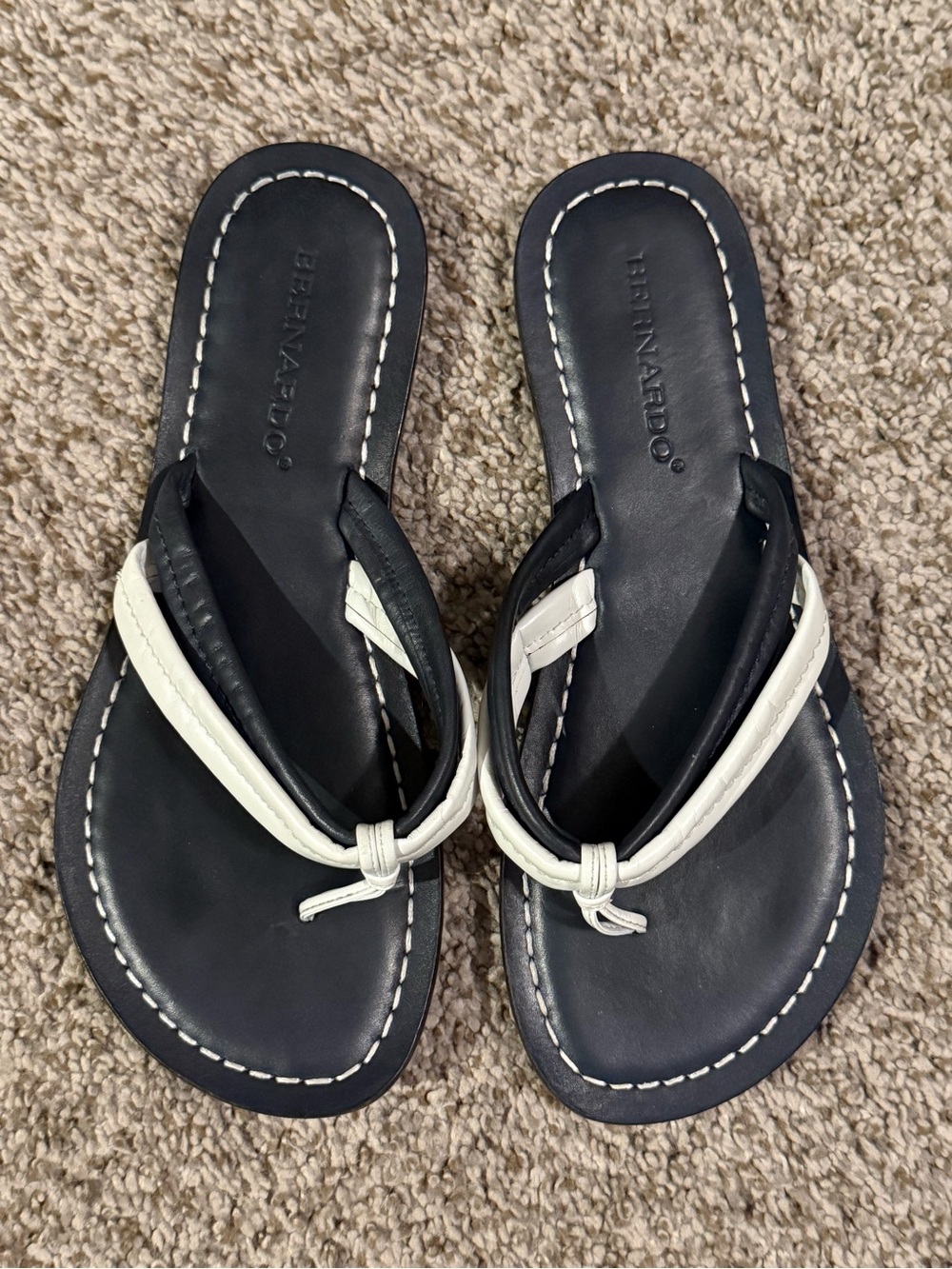 Bernardo Navy Blue and White Leather Flip Flop Sandals